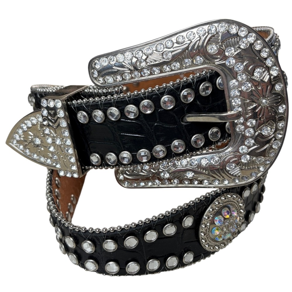 Blazin Roxx Women Black Croc Rhinestone Western Belt Crystal Buckle McBling 38in